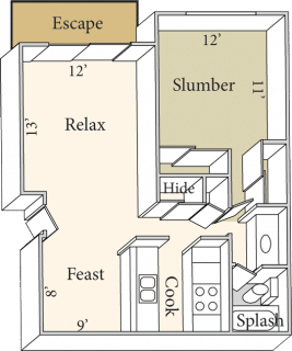 Floor plan for 1 bed, 1 bath, 638 sqft